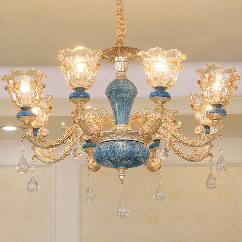 Swooping Arm Living Room Pendant Chandelier Rustic Metal Gold Hanging Ceiling Light with Flower Clear Textured Glass Shade