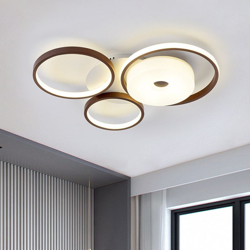 3 Rings Bedroom Flush Ceiling Light Metal 19.5"/25.5" W LED Modernism Flush Mount Lamp in Brown, Warm/White Light
