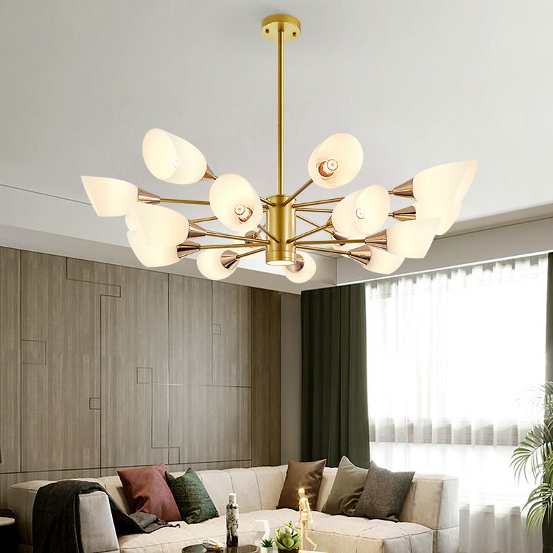 Post Modern 16-Bulb Chandelier with White Frosted Glass Shade Gold Floral Hanging Ceiling Lamp