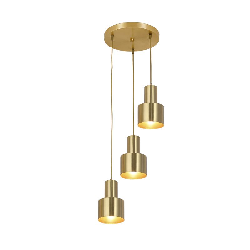 Metal Cylinder Suspension Lamp Colonial 3 Lights Kitchen Cluster Pendant Light in Gold with Linear/Round Canopy