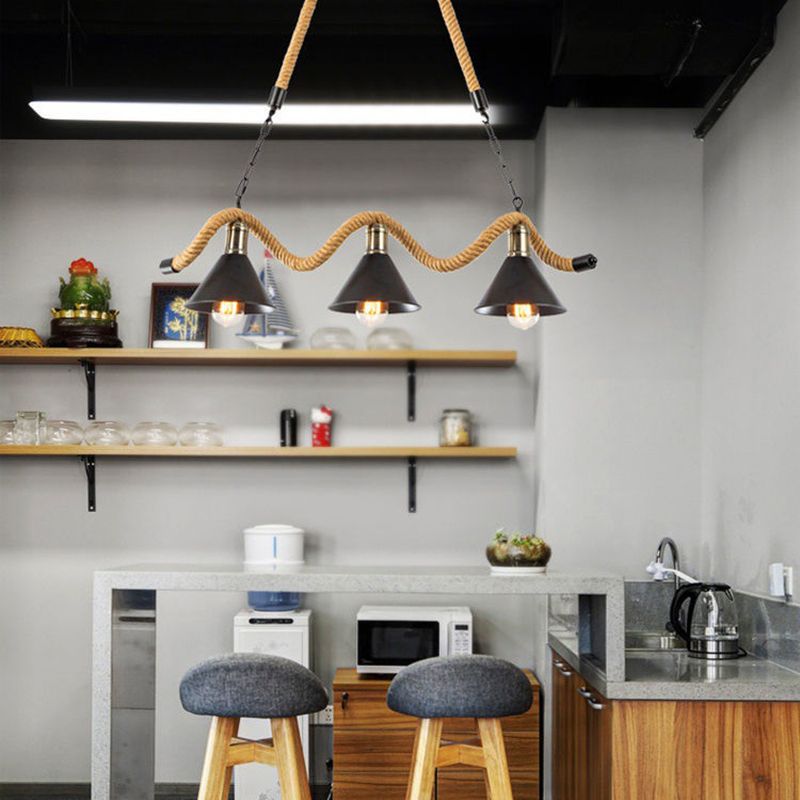 Rope industrial Natural Isla Ligera Black Metal Shade Island Colgante para café