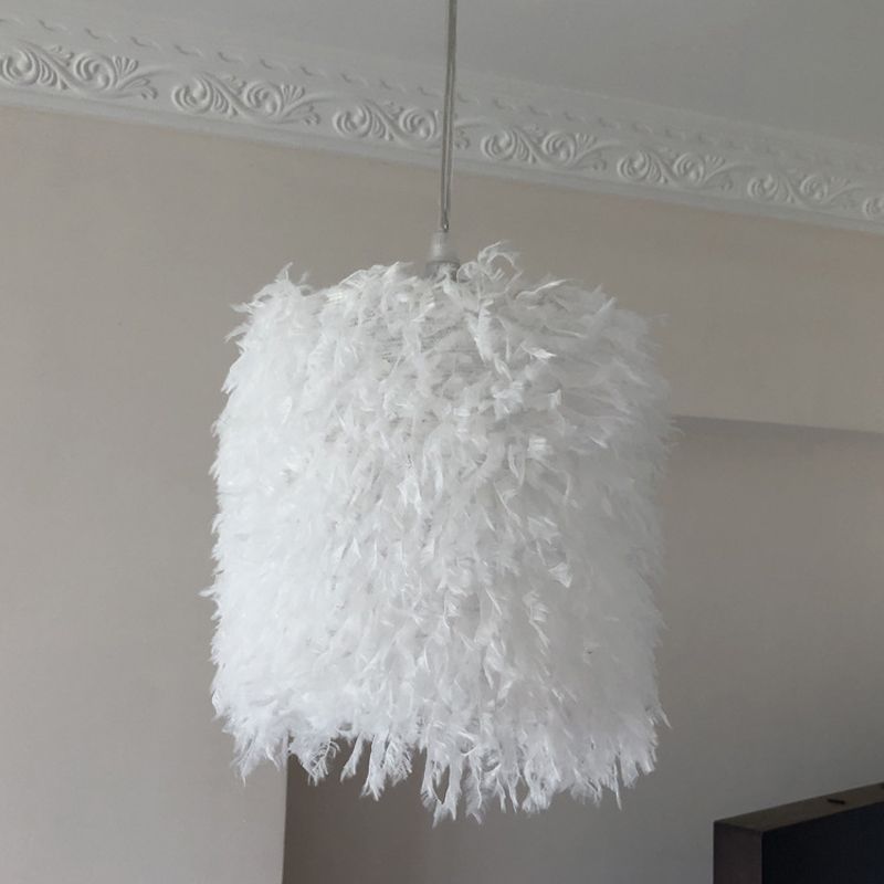 Nordic 1 Bulb Ceiling Suspension Lamp Pink/White Cylindrical/Drum Drop Pendant with Feather Shade, 5.5"/8"/14" W