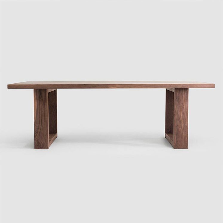 Mesa de comedor de madera maciza industrial mesa rectángulo en marrón con base de pedestal doble