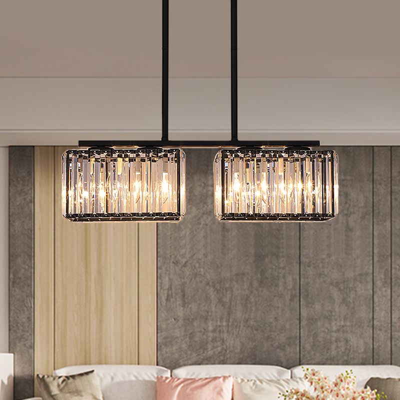 4/6/8 Heads Island Chandelier Contemporary Cuboid Shade Clear Crystal Hanging Light Fixture in Black