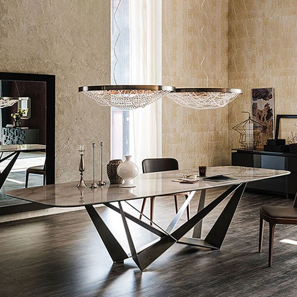 Industrial Sintered Stone Table for Restaurant Rectangle Dining Table with Black Pedestal