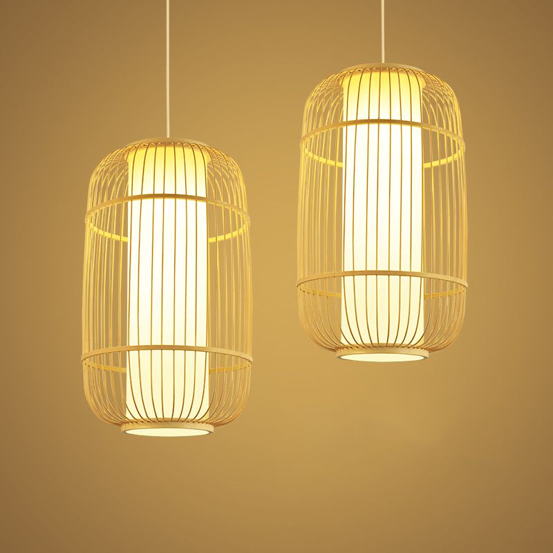 Birdcage Suspension Lighting Minimalist Bamboo 1 Head Restaurant Pendant Ceiling Light in Wood