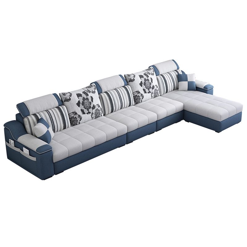 Pillow Top Linen Sofa & Chaise 31.5" H Loose Back Sofa in Grey and Blue