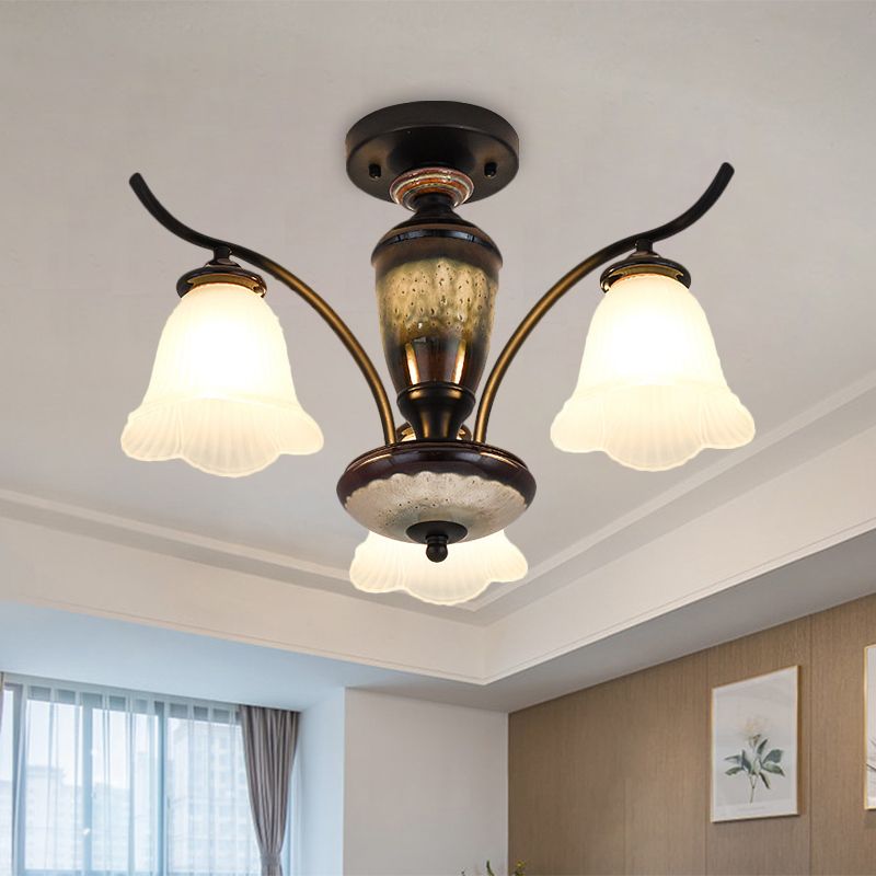 Country Flower Semi Flush 3/6/8 Heads Opal Ribbed Glass Flush Mount Ceiling Light in Black