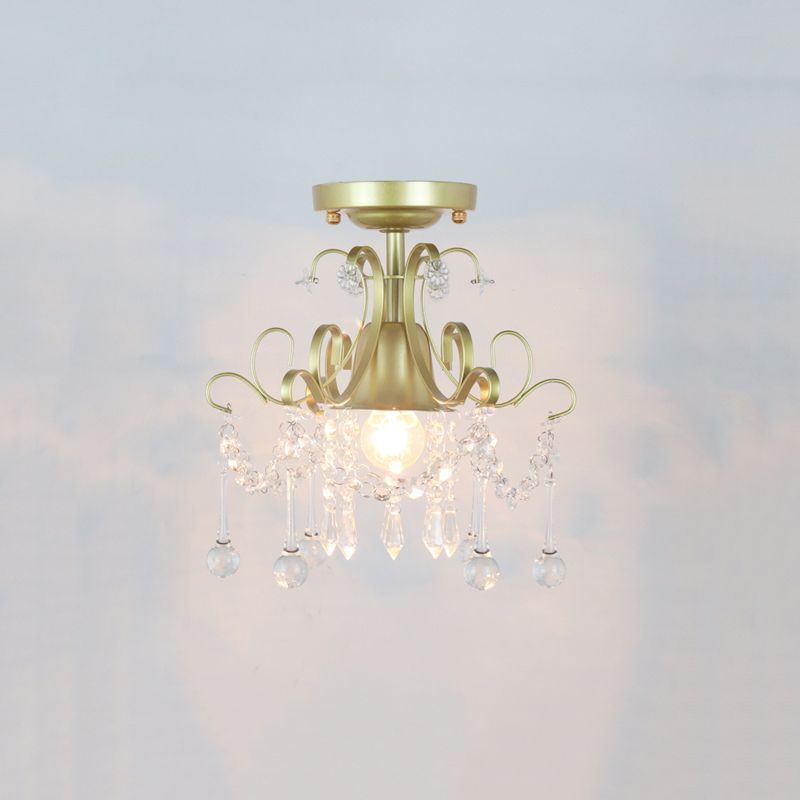 Metal Geometrical Semi Flush Traditional 1 Light Corridor Crystal Ceiling Mounted Fixture in Brass