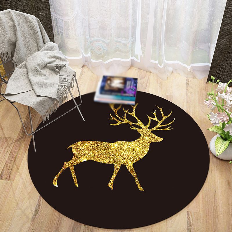 Round Black Tone Bedroom Carpet Bionic Animals Printed Area Rug Polyester with Stain Resistant Rug