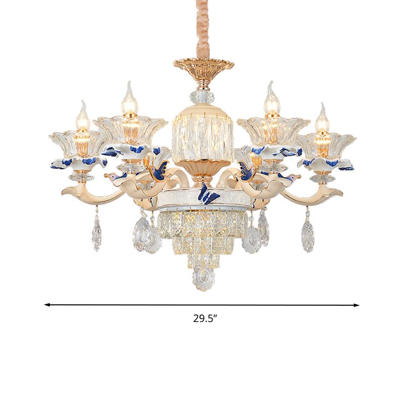 6 cabezas de comedor lámpara lámpara tradición dorada de luz colgante de luz con sombra de vidrio transparente