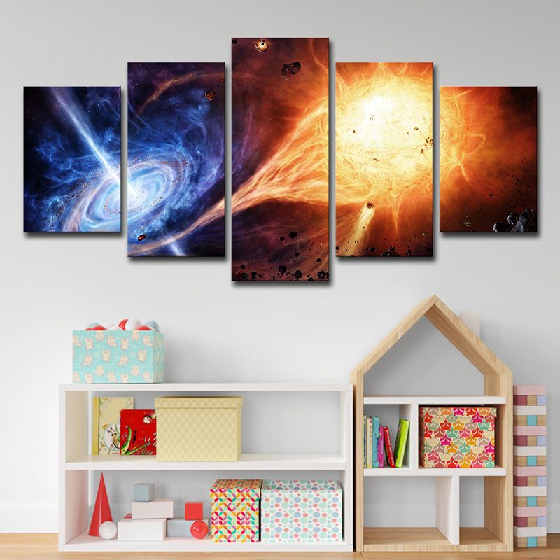 Swirling Galaxy and Meteorite Canvas Orange-Blue Science Fiction Wall Art for Bedroom