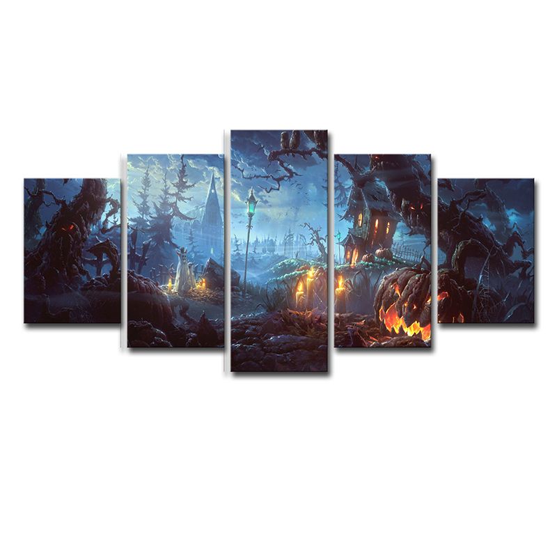 Halloween Forest Night Canvas Art Kids Dreary Scenery Wall Decor in Blue for Bedroom