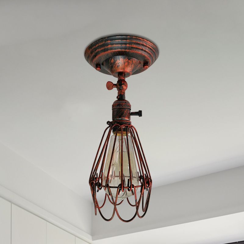 Plafonnier semi-encastré en cage en fer forgé, style ferme, élégant, 1 lumière, luminaire de plafond pour chambre à coucher, rouille/argent vieilli
