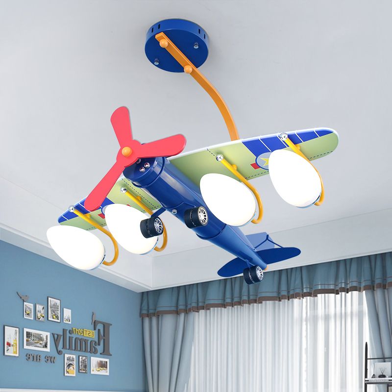 Blue Propeller Plane Chandelier 4 Bulbs Cartoon Metal Hanging Lighting for Child Bedroom