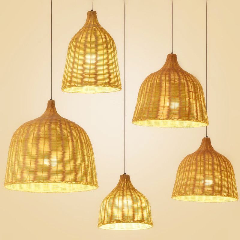 Handwoven Dome Pendant Light Fixture Chinese Bamboo Single Bulb Dining Table Ceiling Light in Beige