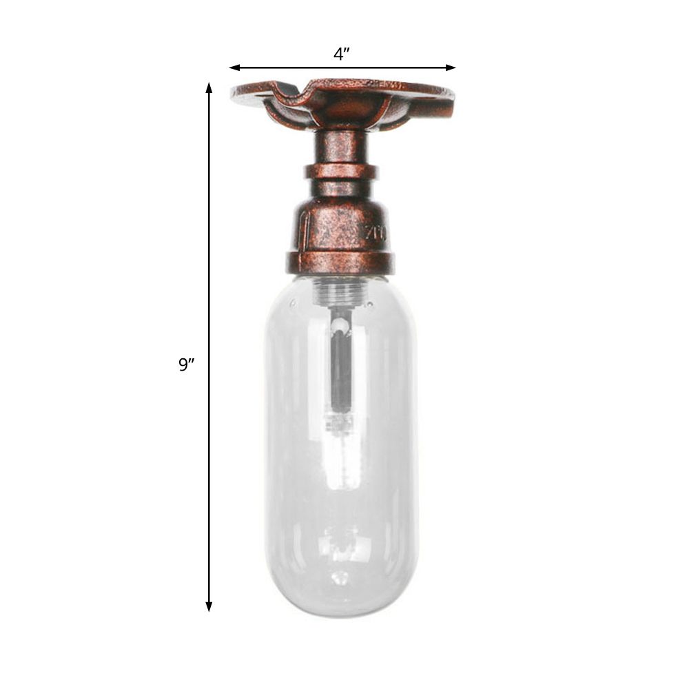 1 Light Ceiling Light Fixture Oval Shade Clear Glass Industrial Bathroom Semi Flush in Weathered Copper with Pipe Design