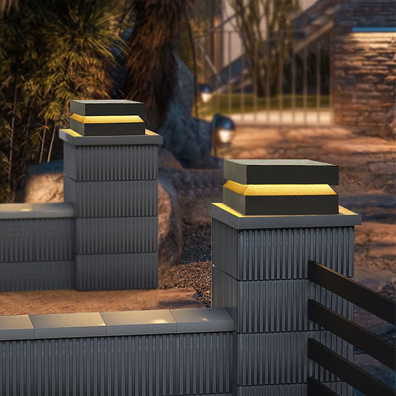 Rectangle Shape Metal Solar Pillar Lamp Modern 1 Light Waterproof Outdoor Light in Black