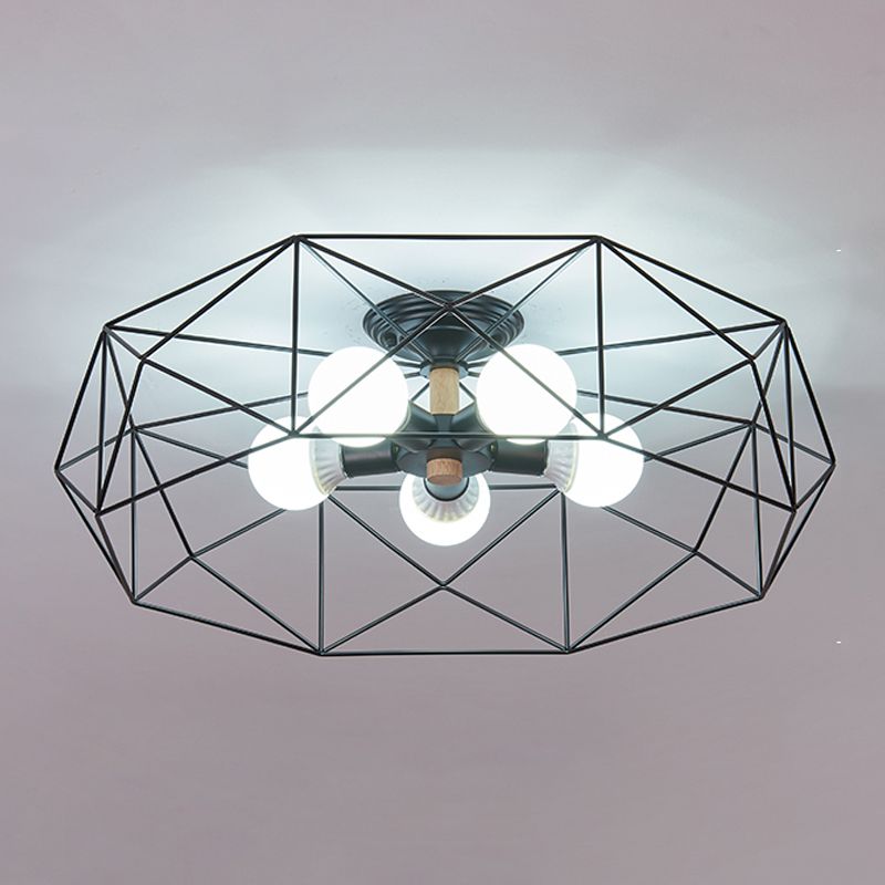 Industrial Flush Light Fixtures Cage-Shaped Iron Flush Mount Lamps for Bedroom
