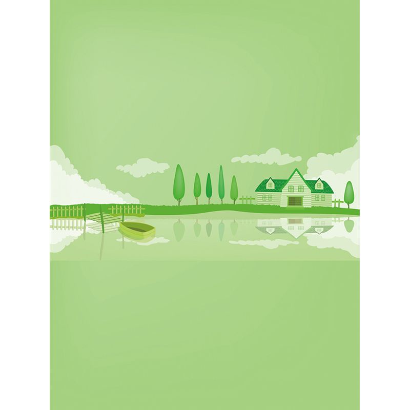 Green Lakeside House Wall Mural Decal Fantasy Cartoon Waterproof Wall Art for Nursery