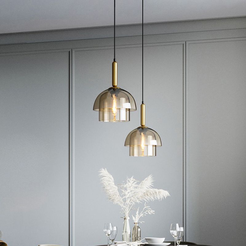 Postmodern 3-Shade Pendant Cognac Glass 1 Bulb Dining Room Hanging Light Fixture in Brass