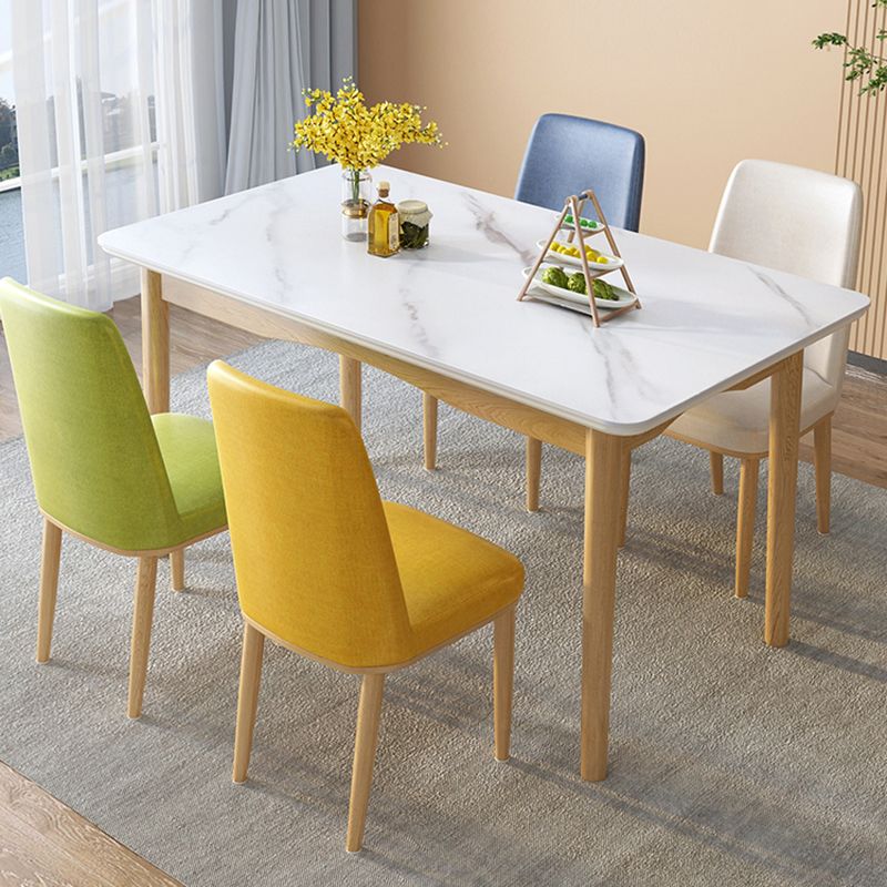 Modern White Rectangular Stone Dining Table with 4 Wooden Foot