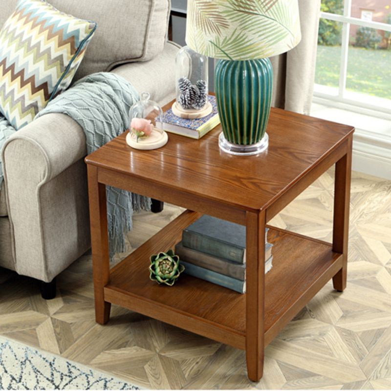 Country Double Tier Wood End Table 4 Legs Sofa Side Table with Shelf