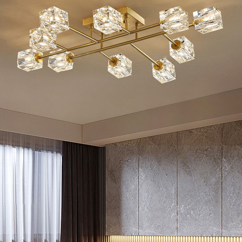 Square Crystal Shade LED Semi Flush Mount in Modern Luxury Style Ceiling Light with Copper Strip