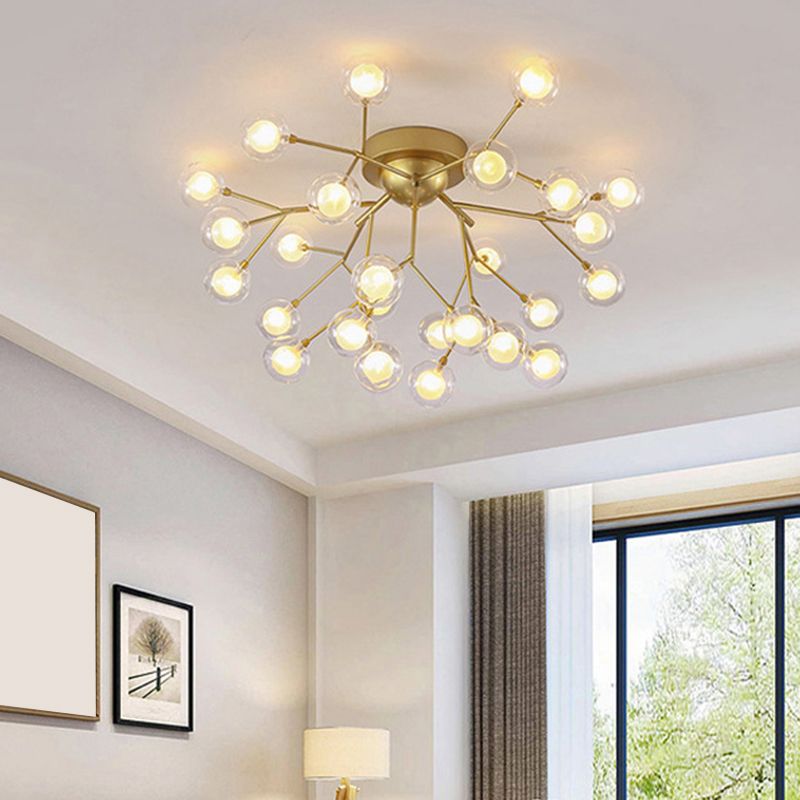 Simplicity Branched Flush Mount Light Metallic Bedroom Semi LED Flush Chandelier with Bubble Ball Shade