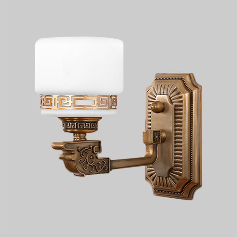 1-Head Cylindrical Wall Sconce Vintage Brass Milky Glass Wall Lighting Idea with Right Angle Arm