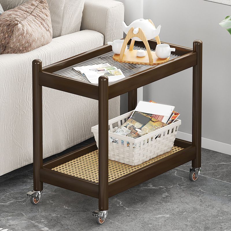 Modern Rectangular Glass Top End Table Wood Base Side Table with Shelf and Wheel