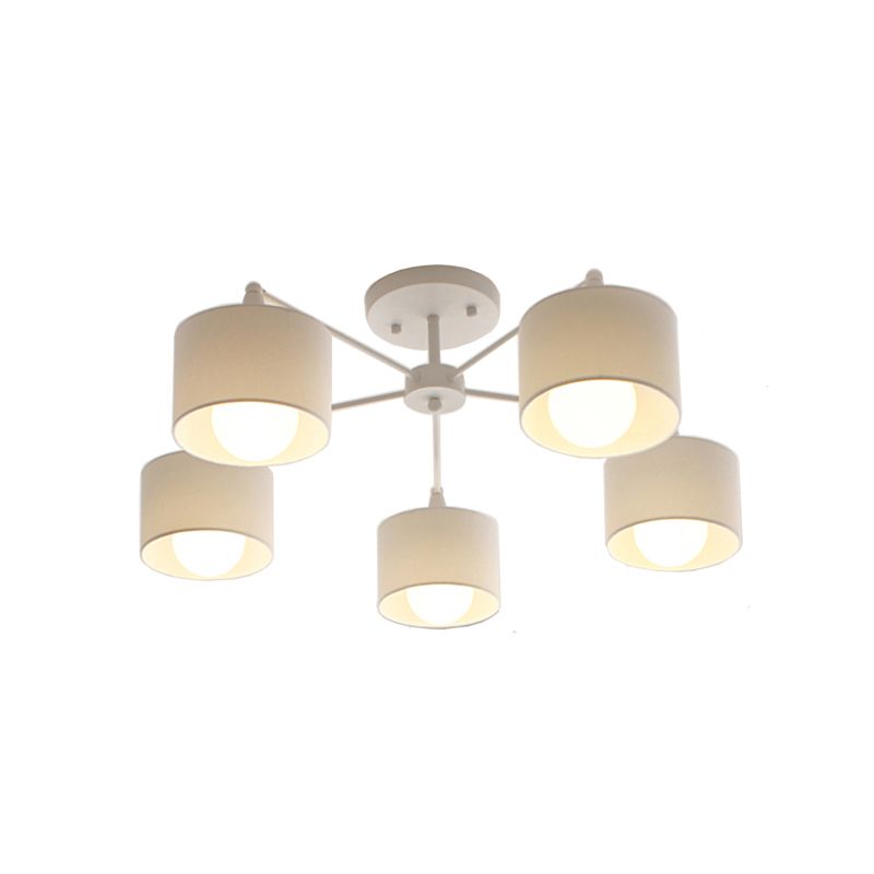 Korte cilinder semi -spoelmount lamp Noordse stof 5 lampen slaapkamer plafondbevestiging kroonluchter in wit