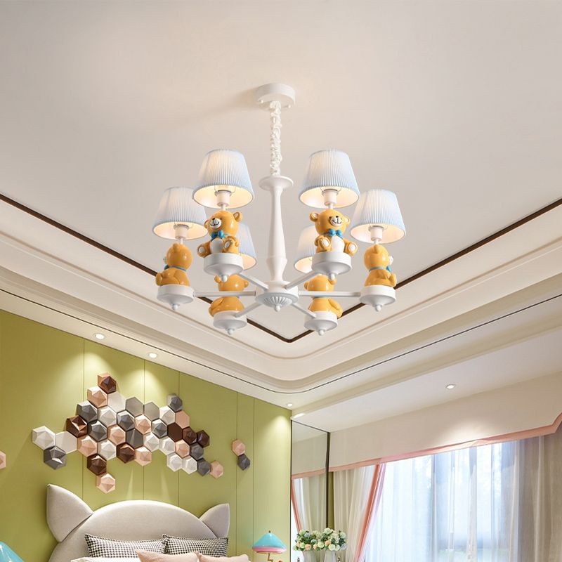 Bucket Chandelier Lighting Kids Pleated Fabric Child Room Pendant Light with Decorative Bear in White