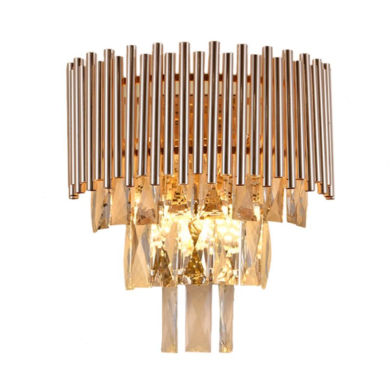 Gold Finish Tiered Sconce Lighting Contemporary 3 Bulbs Crystal Wall Mount Lamp Fixture