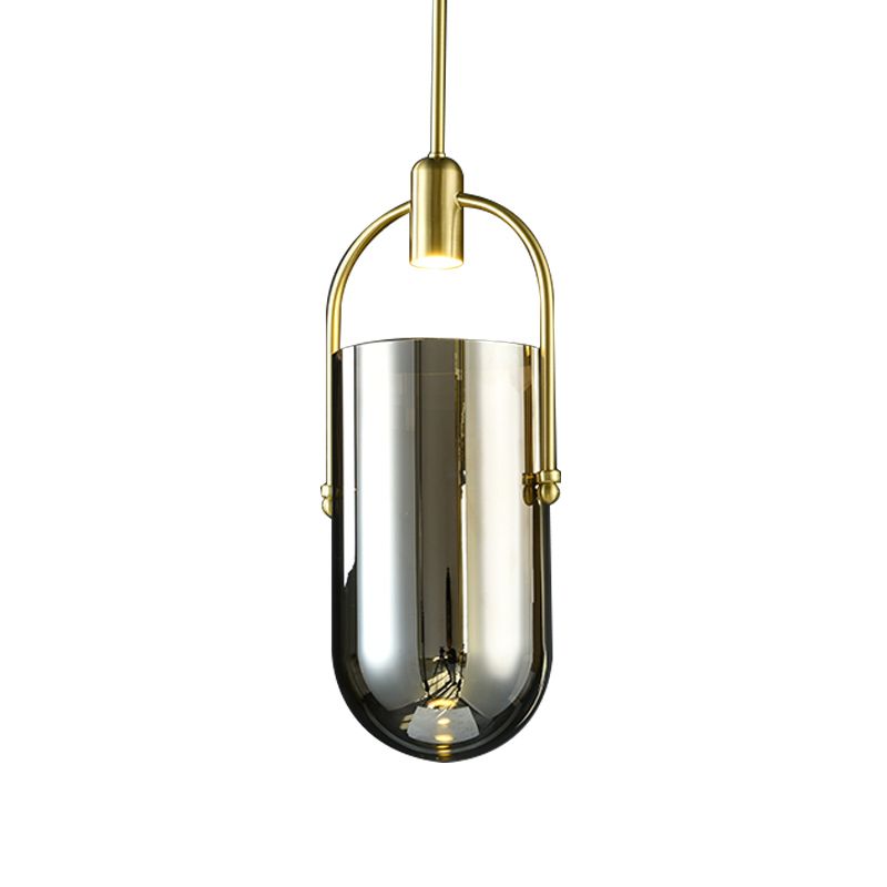 Omgekeerde langwerpige koepel hanger lamp retro nieuwigheid rook grijs glazen glazen messing led hangend licht met handvat