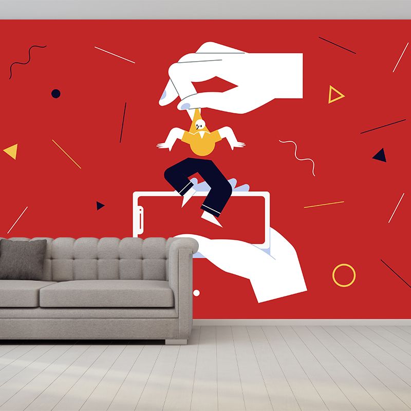 Artistic Puppet Play Mural Decal Non-Woven Waterproof Red Wall Covering for Bedroom