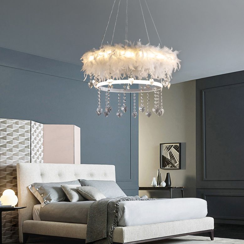 Tapered Feather Chandelier Pendant Nordic LED Hanging Light Fixture with Crystal Decor for Dining Room