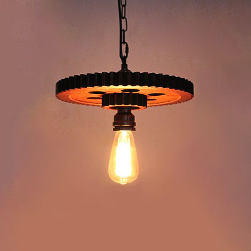 Wood Carved Gear Chandelier Lamp Loft Style 1/3/7-Bulb Bistro Down Lighting Pendant in Antique Bronze