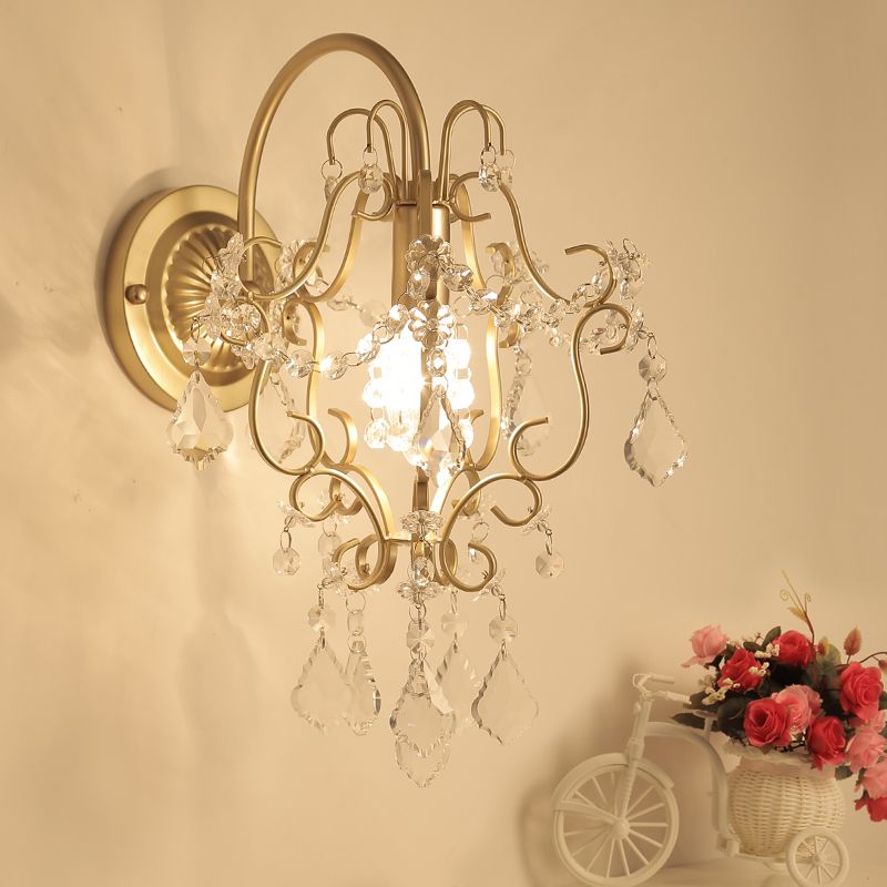 Bent Arm Frame Wall Mount Lamp Rustic Metal 1 Light Gold Sconce Light with Crystal Accent