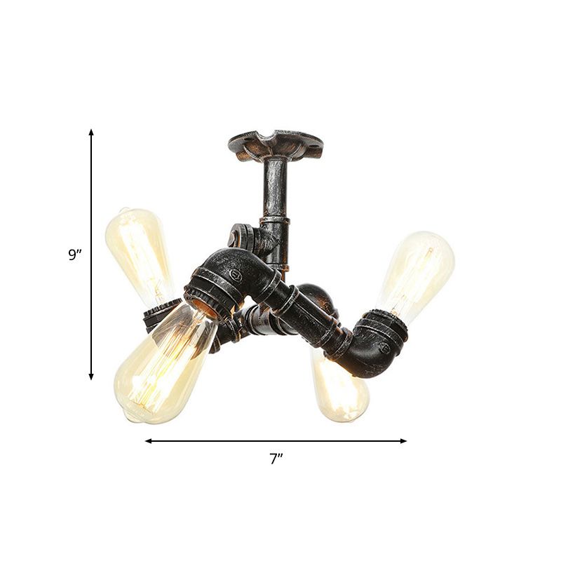 Water Pipe Metal Semi Flush Mount Vintage 3/4 Lights Indoor Ceiling Light Fixture in Antique Brass/Aged Silver/Antique Bronze