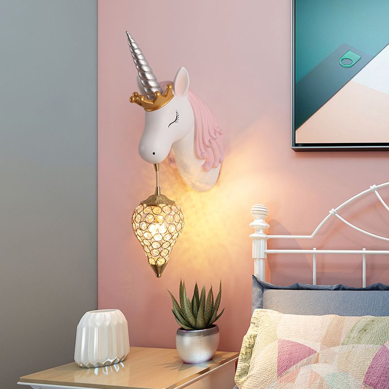 Resin Unicorn Wall Light Cartoon Single-Bulb Wall Lighting Fixture with Crystal Shade