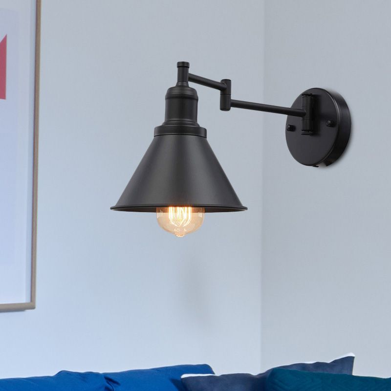 Swing Arm Iron Sconce Lighting Vintage 1 Bulb Coffee Shop Wall Lamp in Black with Conical Shade