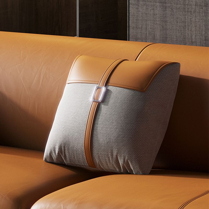 Genuine Leather Modern Orange Sofa Tuxedo Arm Sofa with Pillows