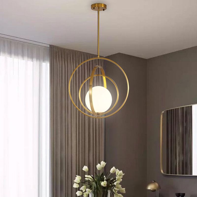 Spherical White Glass Pendant Lamp Postmodern 1 Head Gold Pendulum Light with Metal Rings