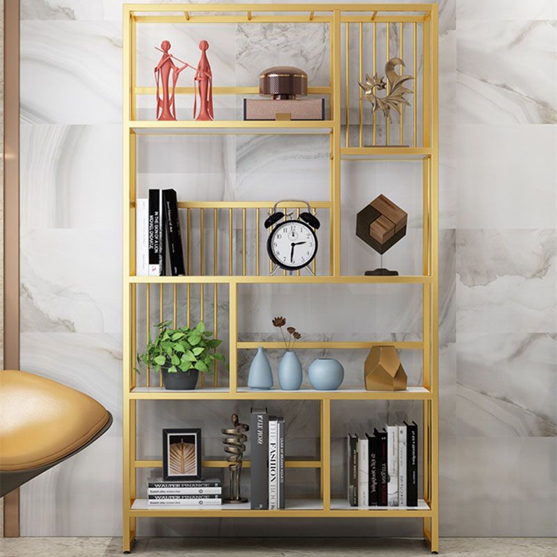 Glam Vertical Open Etagere Bookshelf Iron Frame Manufactured Wood Shelf Bookcase