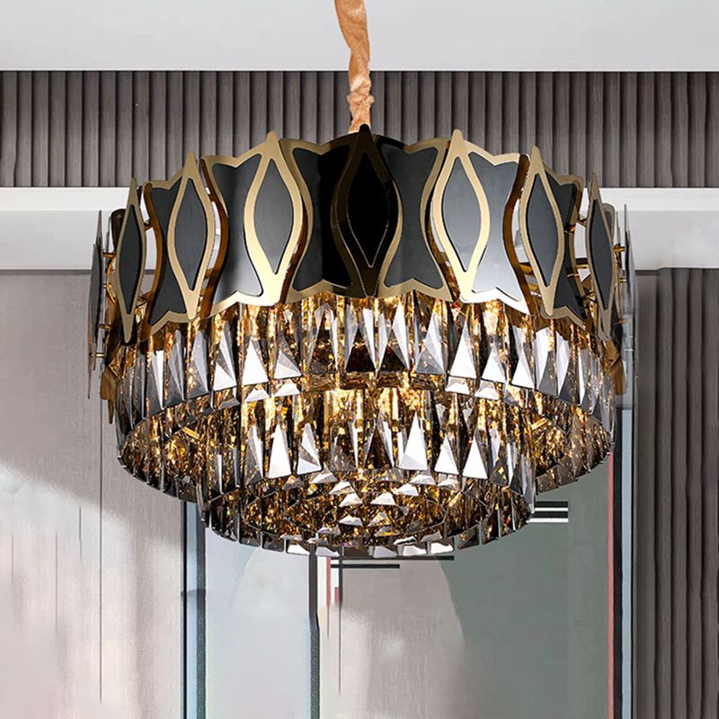 Black Round Chandelier Pendant Light Modernism 9 Lights Rectangle-Cut Crystal Suspension Light