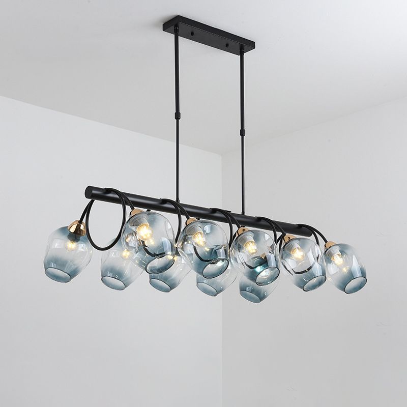 Wine Cup Island Light Modern Dimpled Blue/Green Ombre Glass 6/8/10-Head Black Suspended Lighting Fixture