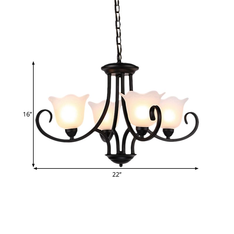 Schwarz 4/6/8-Bulb-Deckenleuchterlager Frostedglas Blume Hanging Light Kit mit Bildlaufarm