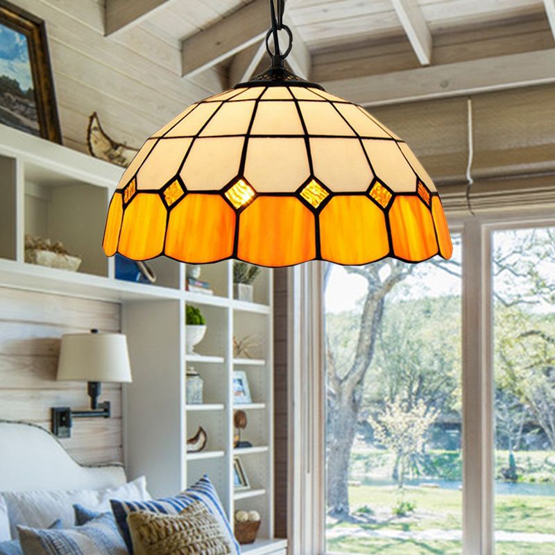 Tiffany-Style Bowl Pendant Light Fixture Single Head Stained Art Glass Down Lighting in Yellow for Living Room