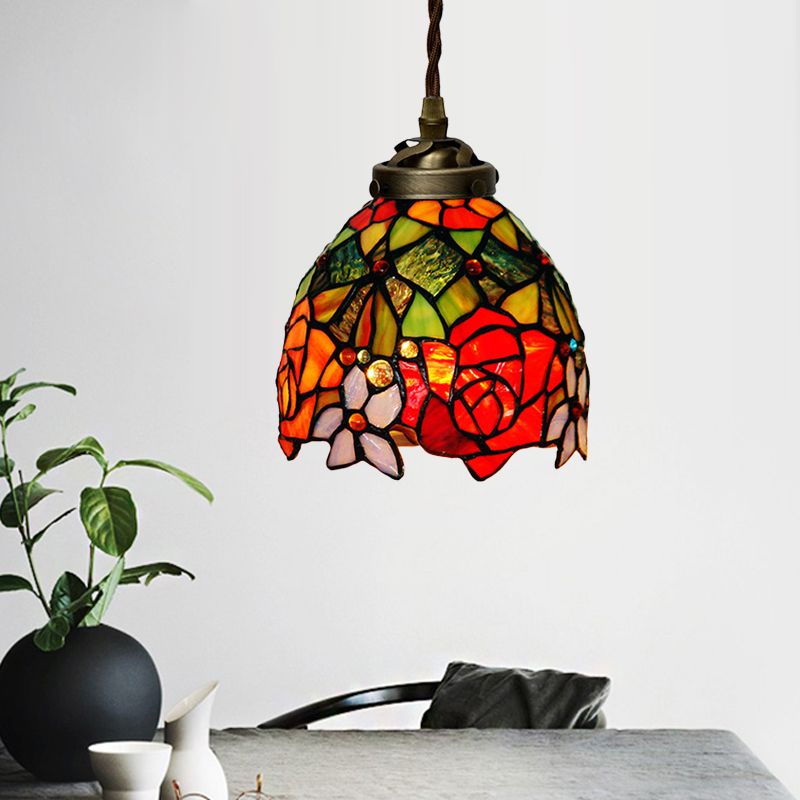 Tiffany Domed Pendant Light 1 Light Red/Pink/Yellow Stained Glass Ceiling Suspension Lamp for Dining Room
